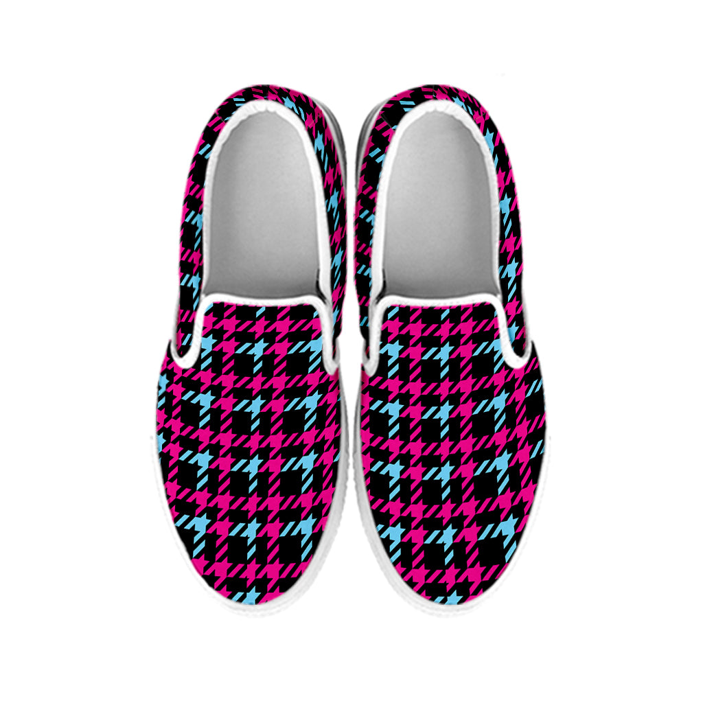 Blue Pink And Black Houndstooth Print White Slip On Shoes