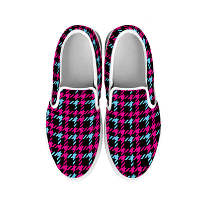 Blue Pink And Black Houndstooth Print White Slip On Shoes