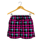 Blue Pink And Black Houndstooth Print Women's Shorts