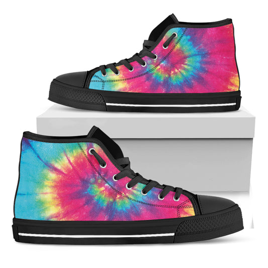 Blue Pink And Yellow Tie Dye Print Black High Top Shoes