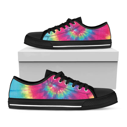 Blue Pink And Yellow Tie Dye Print Black Low Top Shoes 