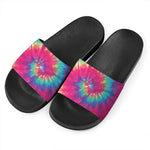 Blue Pink And Yellow Tie Dye Print Black Slide Sandals