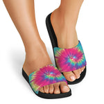 Blue Pink And Yellow Tie Dye Print Black Slide Sandals