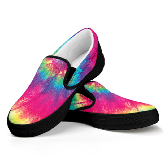 Blue Pink And Yellow Tie Dye Print Black Slip On Shoes