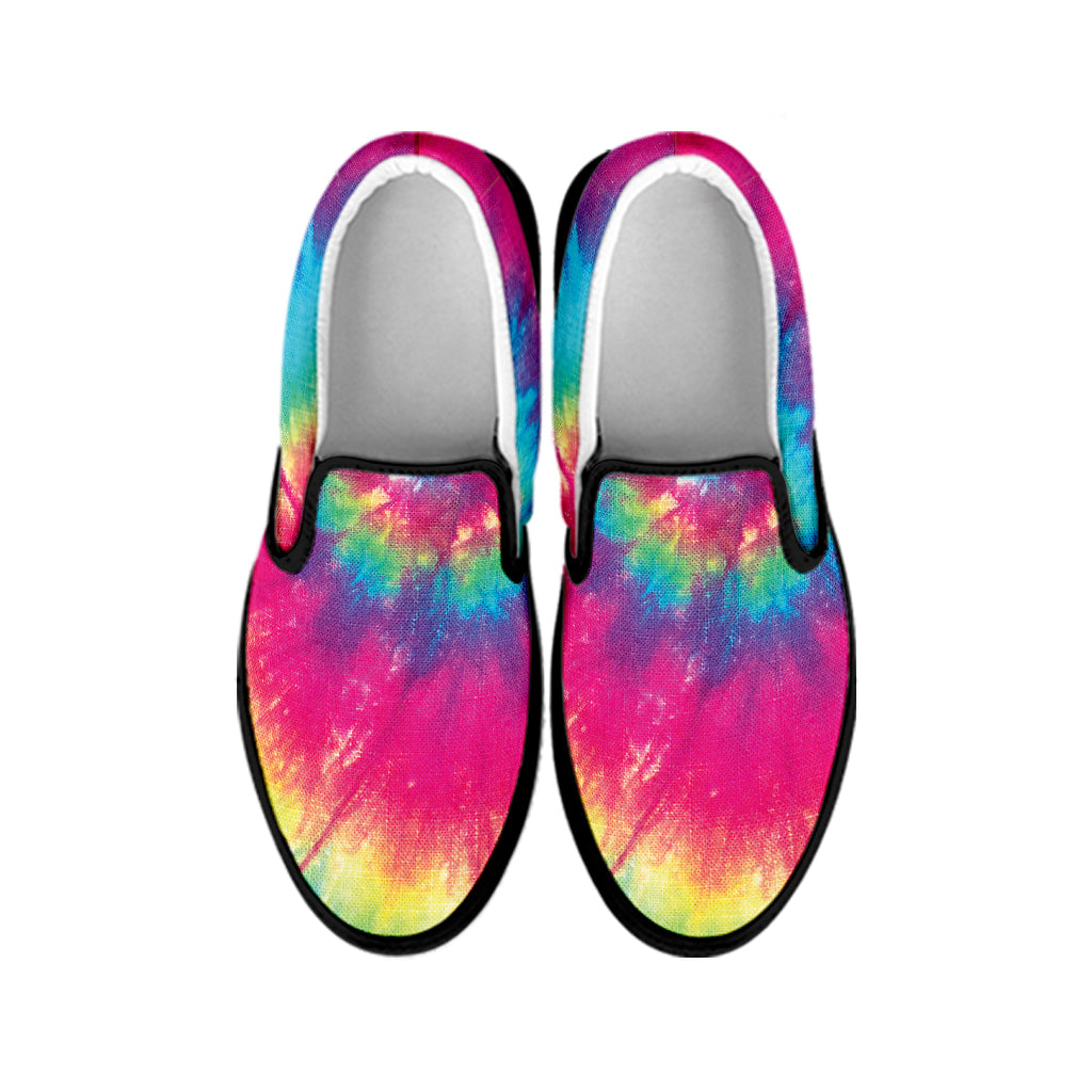 Blue Pink And Yellow Tie Dye Print Black Slip On Shoes