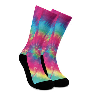 Blue Pink And Yellow Tie Dye Print Crew Socks