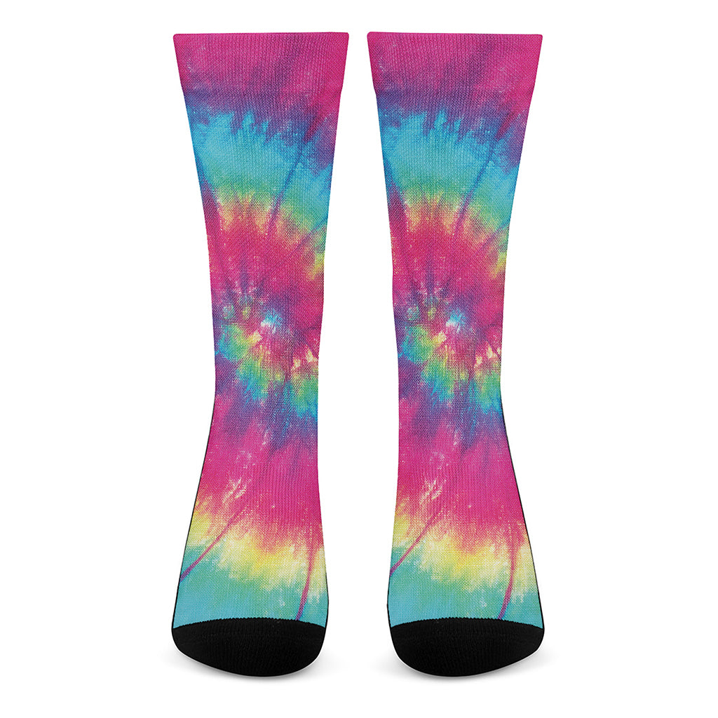 Blue Pink And Yellow Tie Dye Print Crew Socks