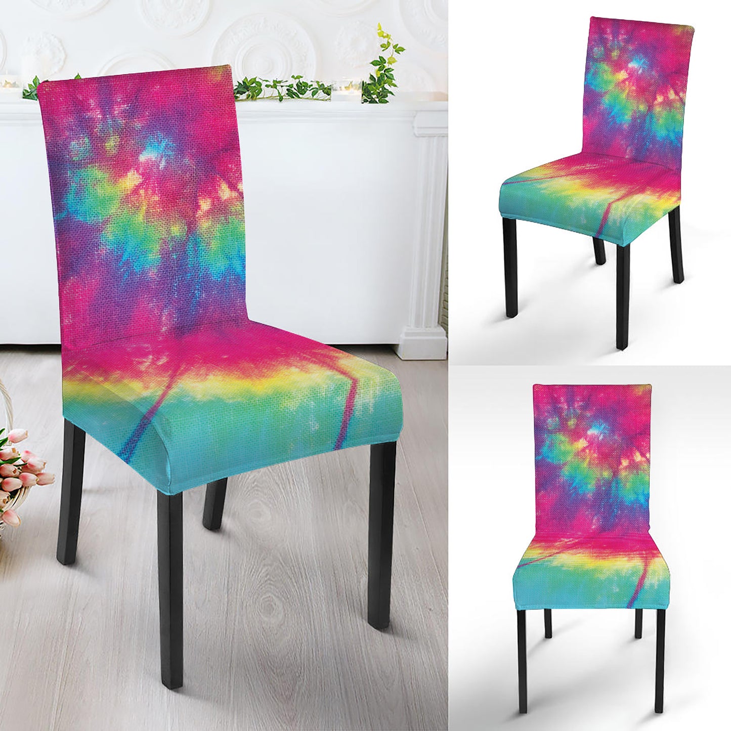 Blue Pink And Yellow Tie Dye Print Dining Chair Slipcover