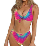 Blue Pink And Yellow Tie Dye Print Front Bow Tie Bikini