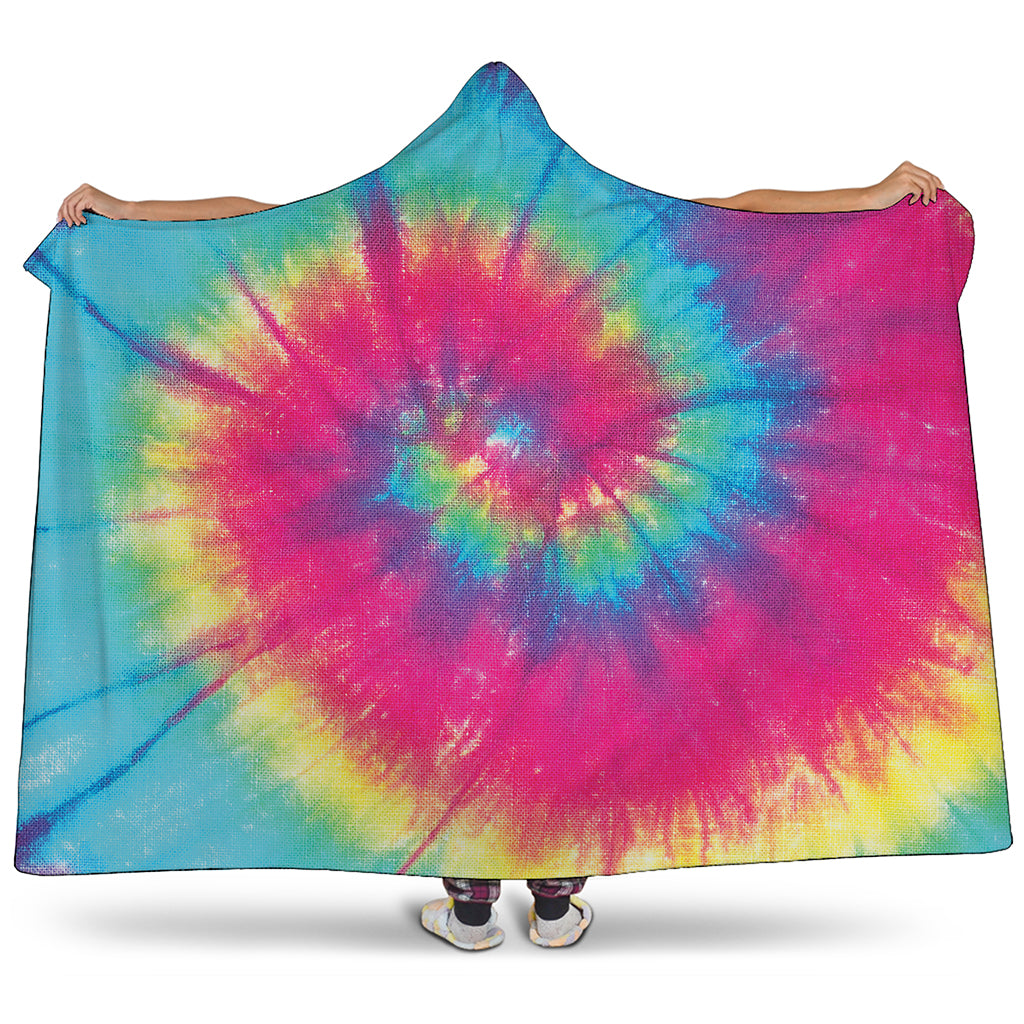 Blue Pink And Yellow Tie Dye Print Hooded Blanket