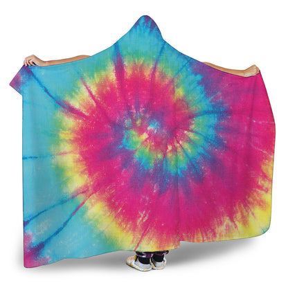 Blue Pink And Yellow Tie Dye Print Hooded Blanket