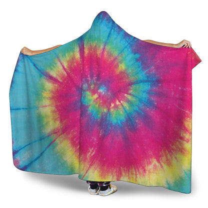 Blue Pink And Yellow Tie Dye Print Hooded Blanket