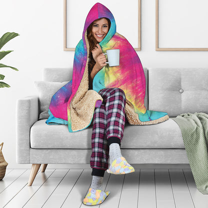Blue Pink And Yellow Tie Dye Print Hooded Blanket