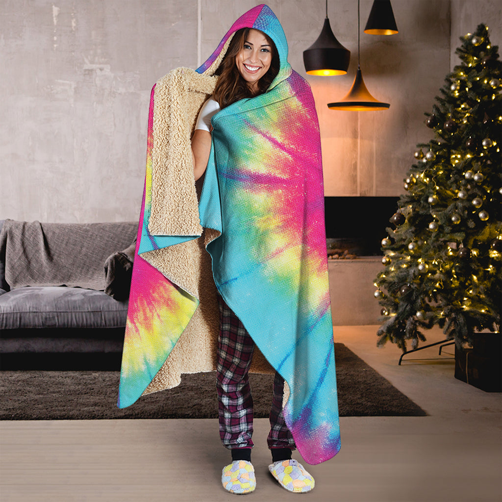 Blue Pink And Yellow Tie Dye Print Hooded Blanket