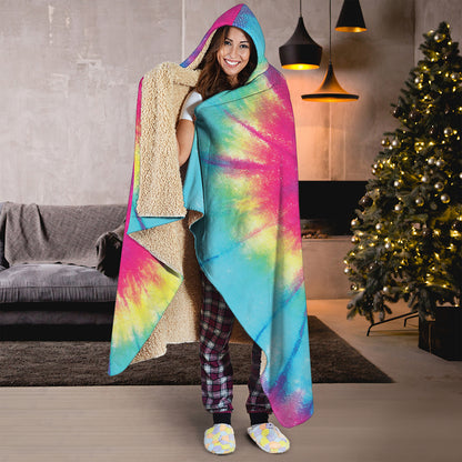 Blue Pink And Yellow Tie Dye Print Hooded Blanket