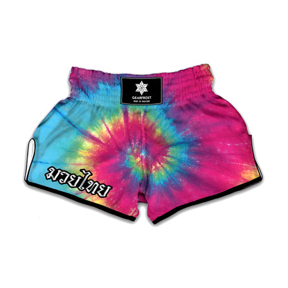 Blue Pink And Yellow Tie Dye Print Muay Thai Boxing Shorts