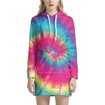 Blue Pink And Yellow Tie Dye Print Pullover Hoodie Dress