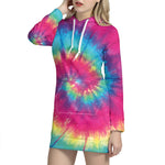 Blue Pink And Yellow Tie Dye Print Pullover Hoodie Dress