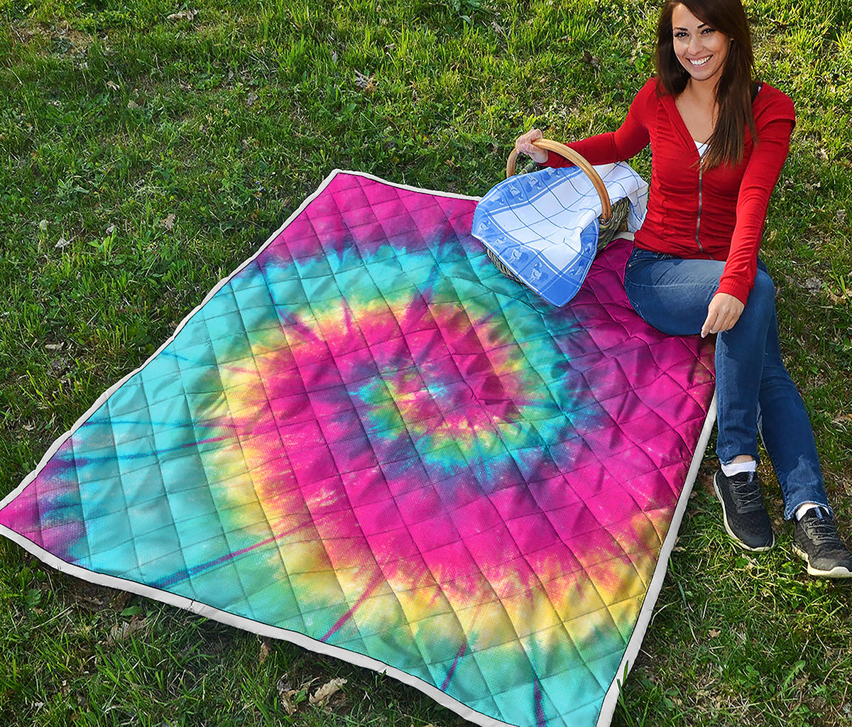 Blue Pink And Yellow Tie Dye Print Quilt