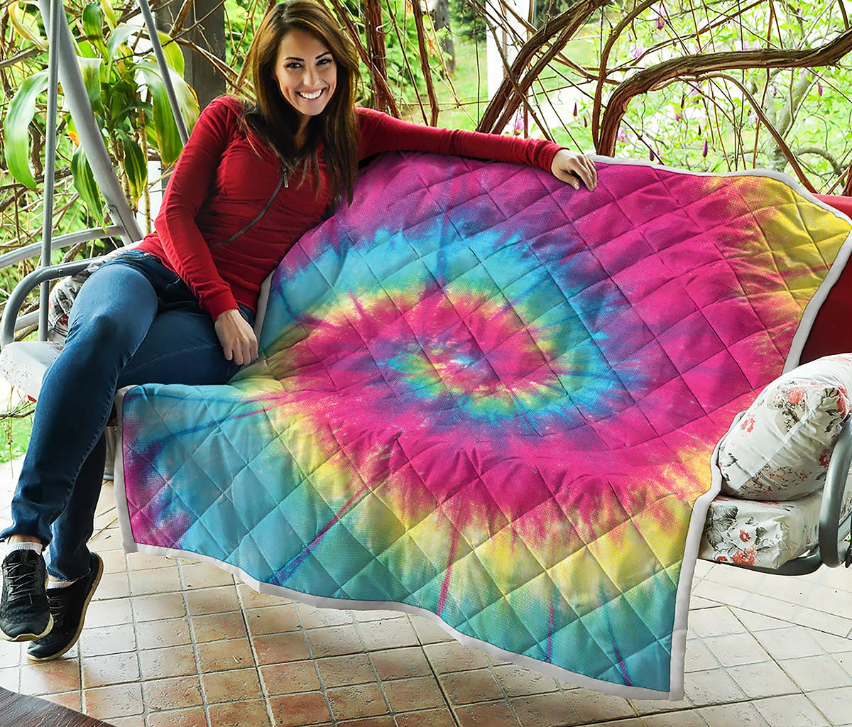 Blue Pink And Yellow Tie Dye Print Quilt
