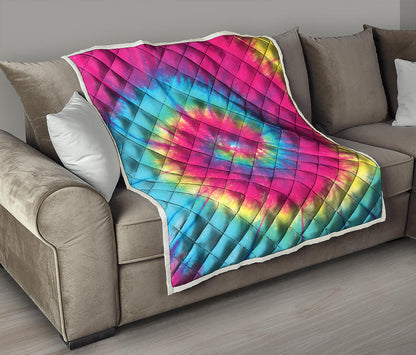 Blue Pink And Yellow Tie Dye Print Quilt