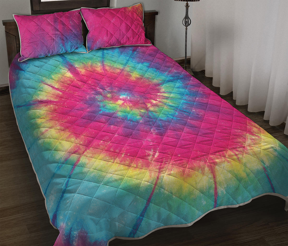 Blue Pink And Yellow Tie Dye Print Quilt Bed Set