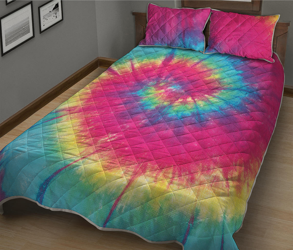 Blue Pink And Yellow Tie Dye Print Quilt Bed Set