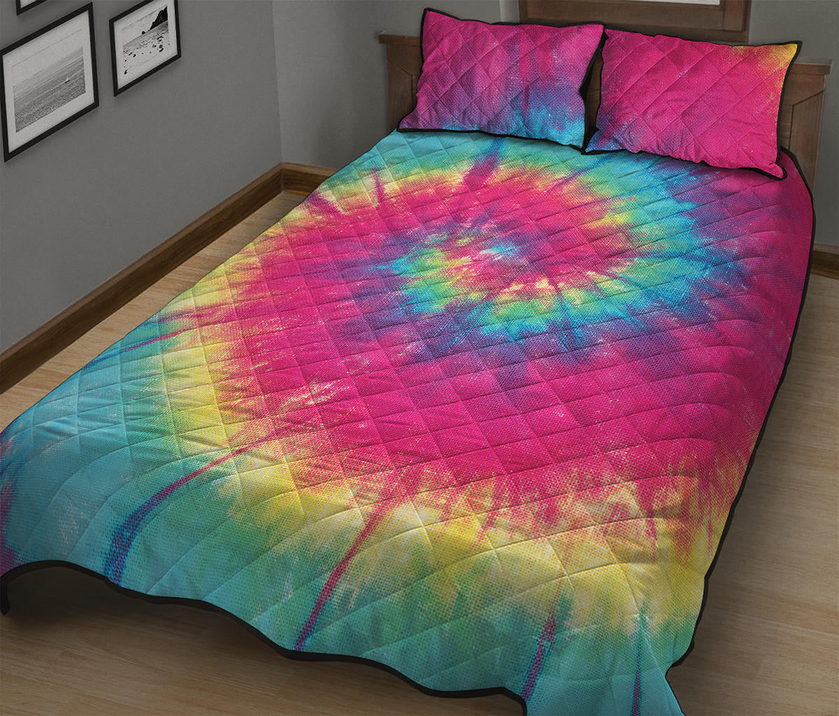 Blue Pink And Yellow Tie Dye Print Quilt Bed Set
