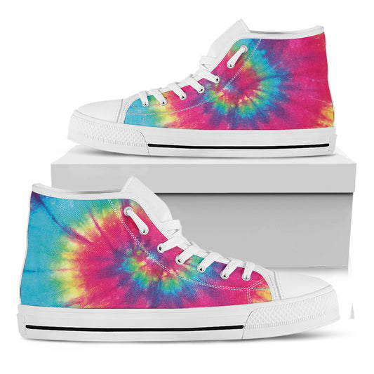 Blue Pink And Yellow Tie Dye Print White High Top Shoes