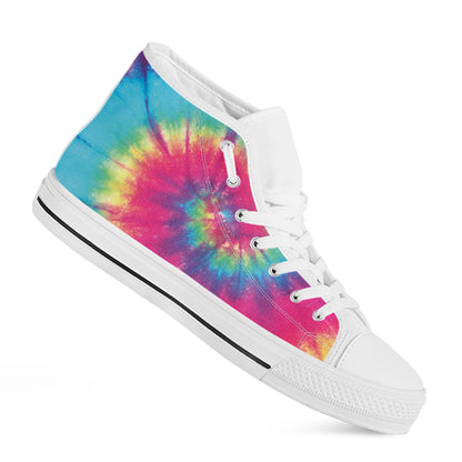 Blue Pink And Yellow Tie Dye Print White High Top Shoes