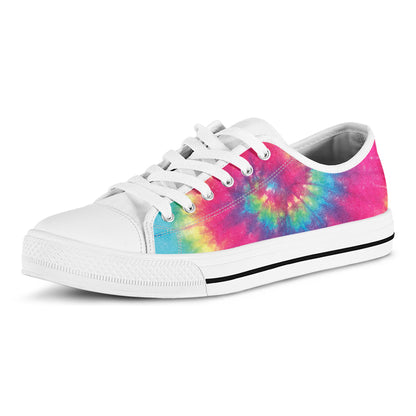 Blue Pink And Yellow Tie Dye Print White Low Top Shoes