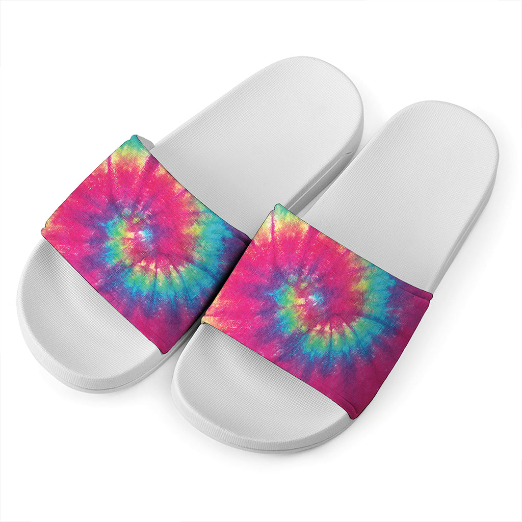 Blue Pink And Yellow Tie Dye Print White Slide Sandals
