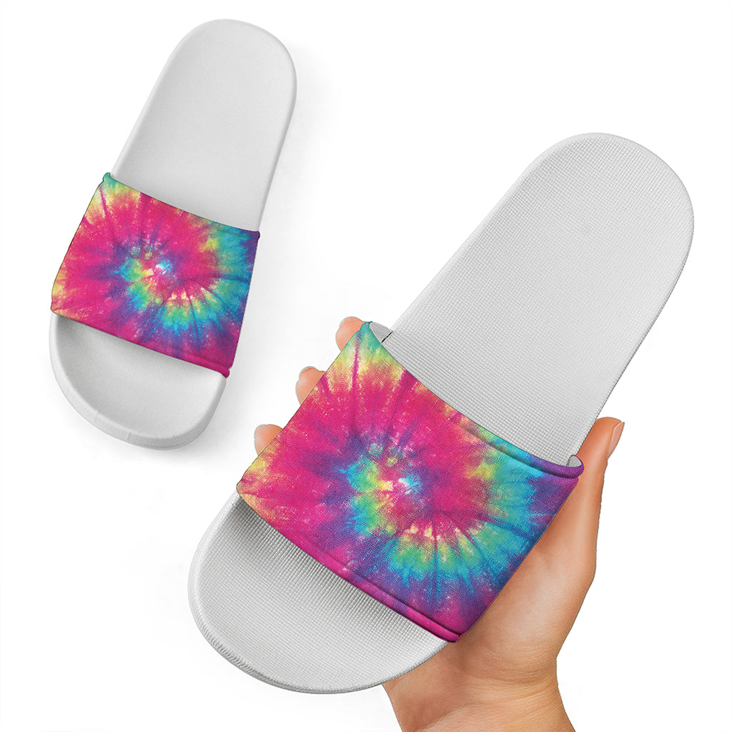 Blue Pink And Yellow Tie Dye Print White Slide Sandals