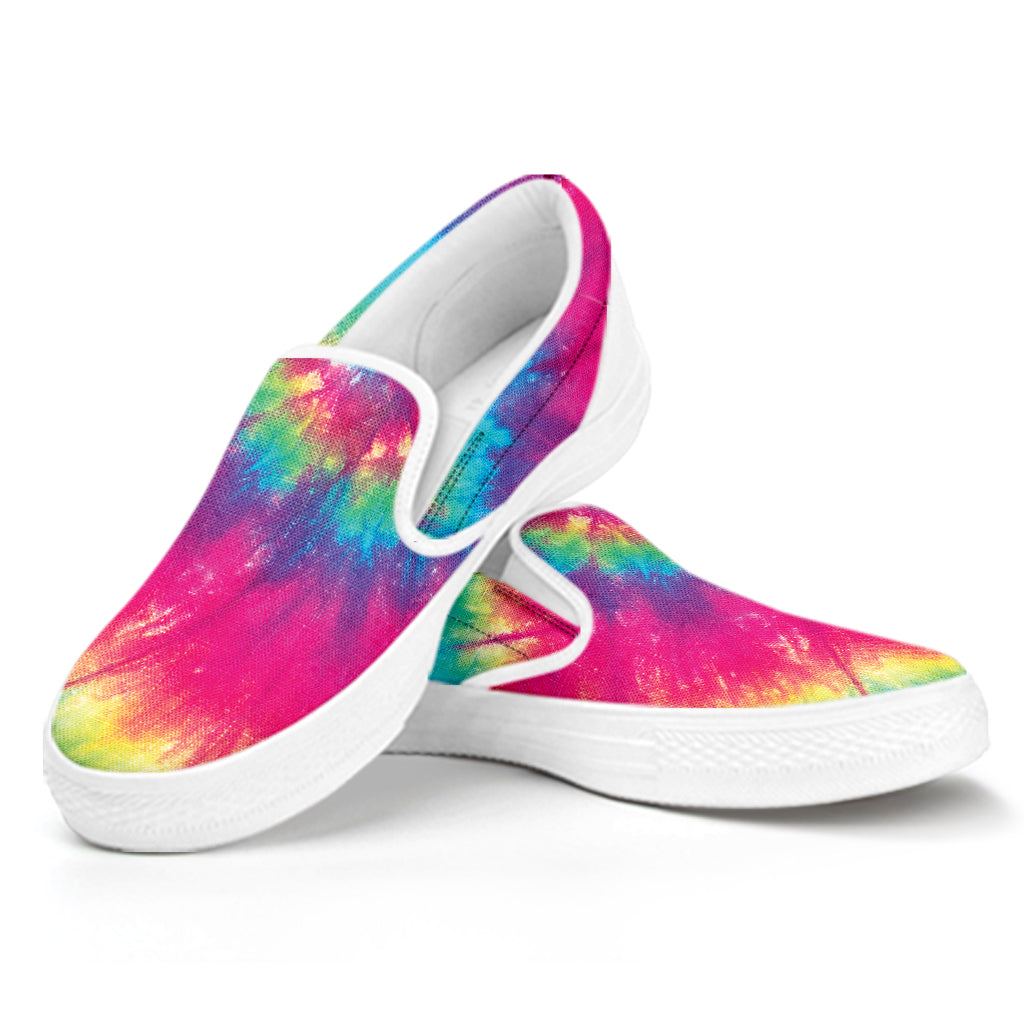 Blue Pink And Yellow Tie Dye Print White Slip On Shoes