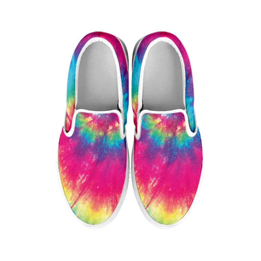 Blue Pink And Yellow Tie Dye Print White Slip On Shoes