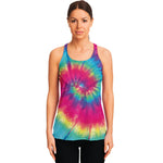 Blue Pink And Yellow Tie Dye Print Women's Racerback Tank Top