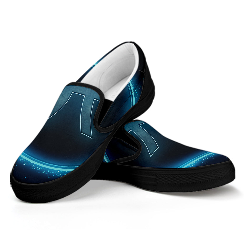 Blue Pisces Zodiac Sign Print Black Slip On Shoes