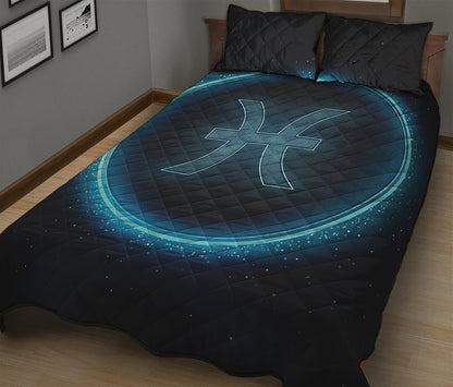 Blue Pisces Zodiac Sign Print Quilt Bed Set