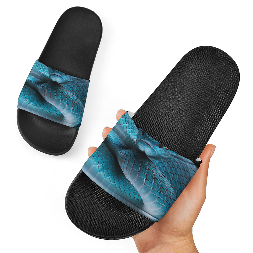 Blue Pit Viper Snake Print Black Slide Sandals