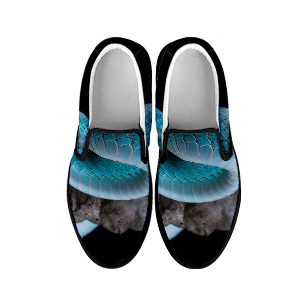 Blue Pit Viper Snake Print Black Slip On Shoes