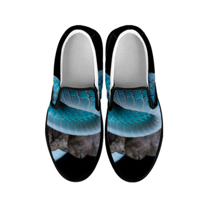 Blue Pit Viper Snake Print Black Slip On Shoes