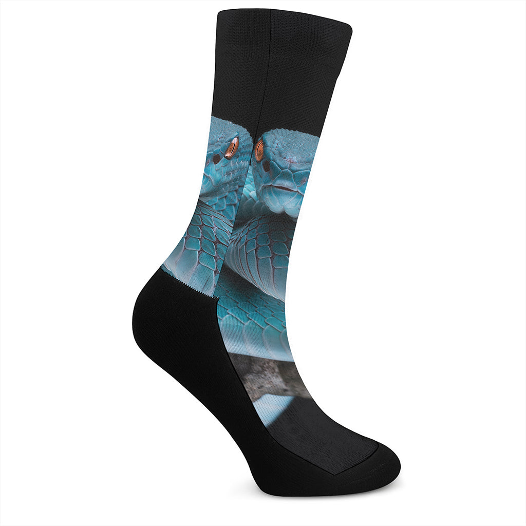 Blue Pit Viper Snake Print Crew Socks