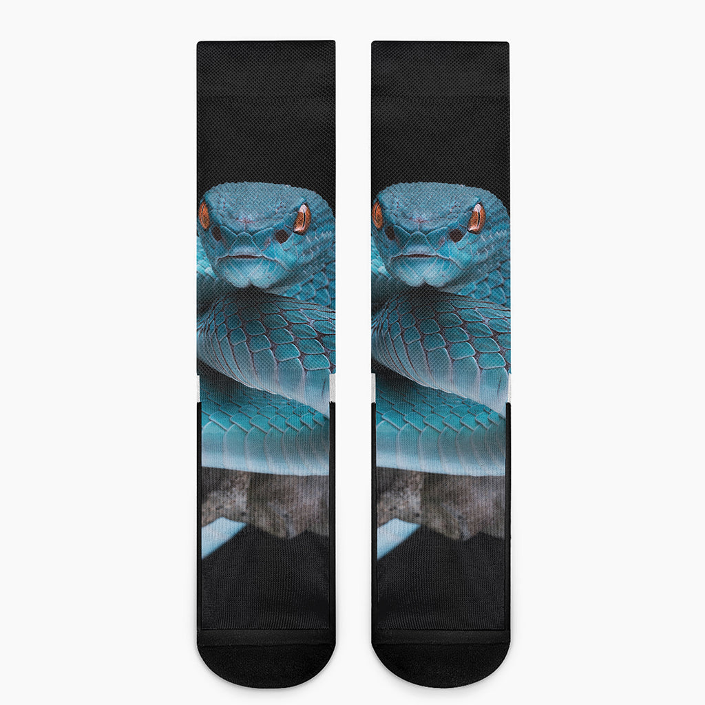 Blue Pit Viper Snake Print Crew Socks