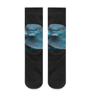 Blue Pit Viper Snake Print Crew Socks