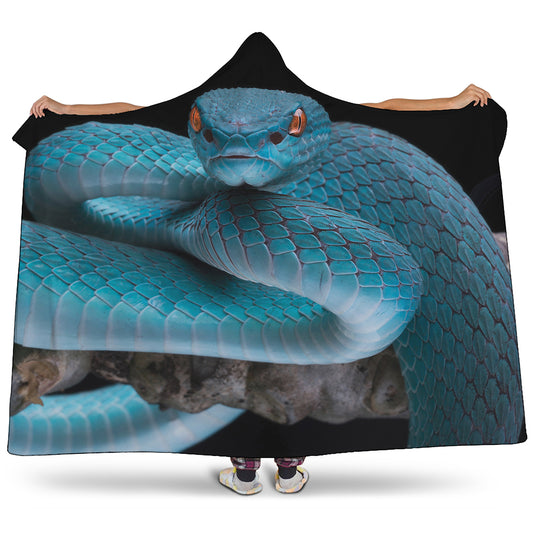 Blue Pit Viper Snake Print Hooded Blanket