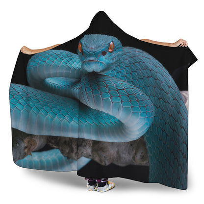 Blue Pit Viper Snake Print Hooded Blanket
