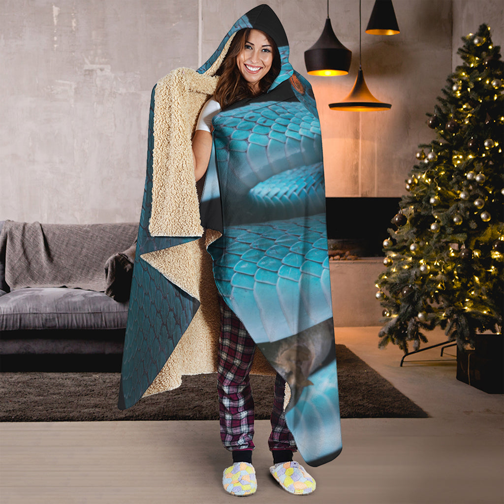 Blue Pit Viper Snake Print Hooded Blanket