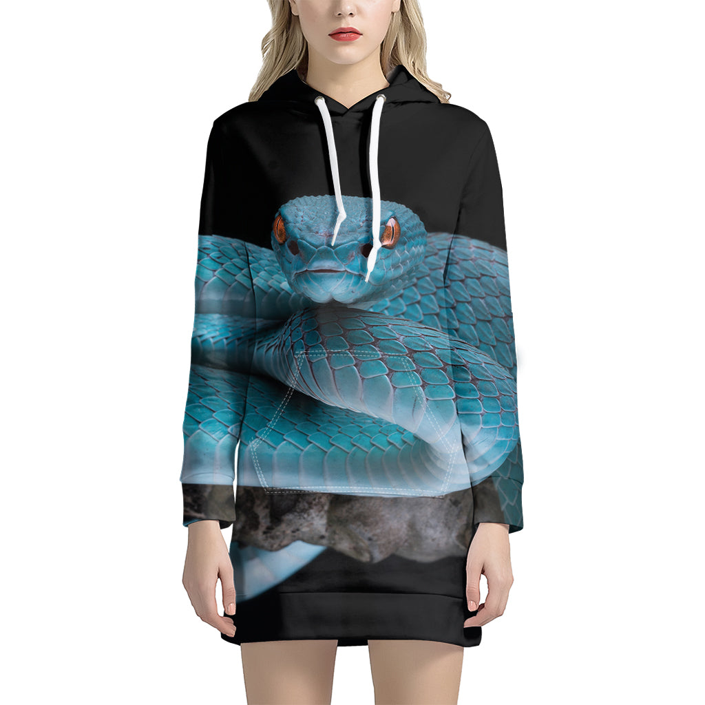 Blue Pit Viper Snake Print Pullover Hoodie Dress