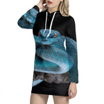 Blue Pit Viper Snake Print Pullover Hoodie Dress
