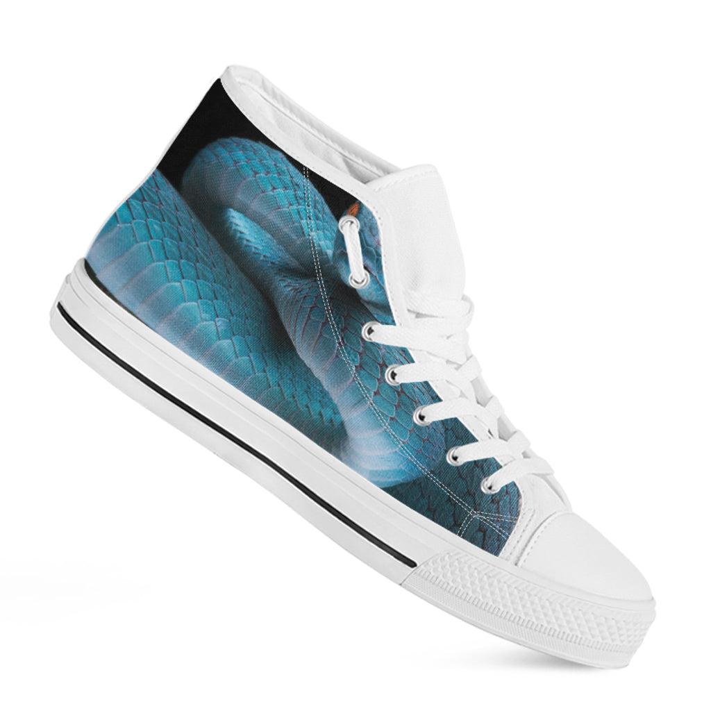 Blue Pit Viper Snake Print White High Top Shoes